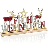 com-four® LED Deko Aufsteller aus Holz - beleuchteter Schriftzug auf Holzsockel - Deko-Schriftzug zum Hinstellen für Weihnachten - Stimmungslicht mit Timer (Hirsche - rot + grau)