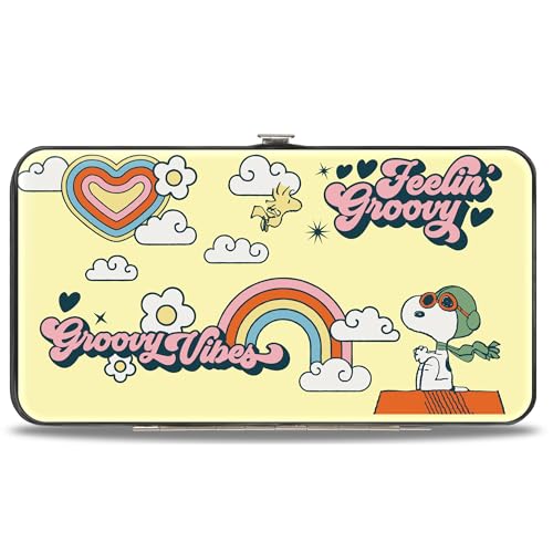 Buckle-Down Peanuts Wallet, Hinged, Peanuts Snoopy Flying Ace and Woodstock Groovy Quotes Collage, Vegan Leather