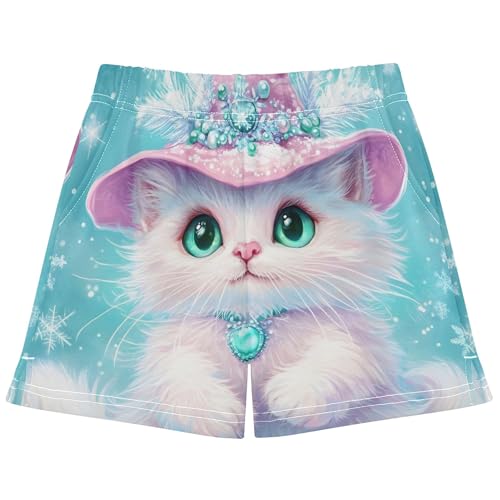 Girls Lounge Shorts Winter White Cat Pink Hat Cute Comfy Animal Print Athletic Pajama Shorts Summer Clothes, X-Small