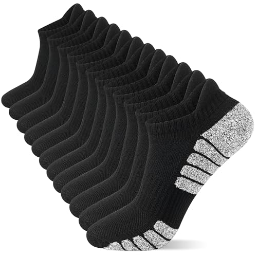 Cotton Cushioned Low Cut Running Socks for Men & Women, Ankle Socks Black 6 Pairs Arch Support Breathable