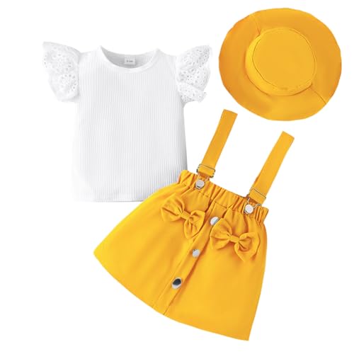 LUVCES Conjunto Bebé Niña Verano Manga Corta con Volant Acanalados Top+ Falda con Tirantes con Lazo Vestido + Sombrero 3Pcs Elegante Ropa de Verano 3Pcs Amarillo 12 18 Meses