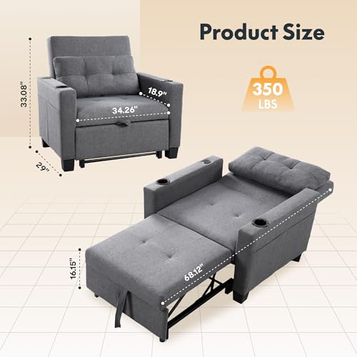 Image of FLEXISPOT XCT2 Sleeper Chair Bed, Sofa Bed Chair 3 in 1 w /USB Port, Pillow, Cup Holders, Convertible Pull Out Bed W /Adjustable Backrest for Living Room Apartment Small Space, Grey