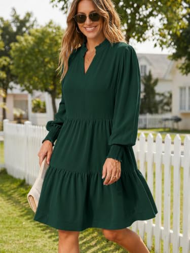 Image of Imily Bela Womens Fall Long Sleeve Tunic Dress Casual V Neck Tiered Dress | Loose,Swing,A-Line,Ruffled Collar,Puff Balloon Sleeve,Smocked Elastic Cuffs,Tiered Layered Ruffle Hem,Babydoll,Loose,Mini