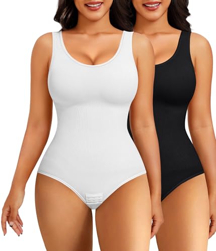 Nebility 2 Piece Shapewear Bodysuit for Women Tummy Control Slim Fit Sleeveless Round Neck Body Suit