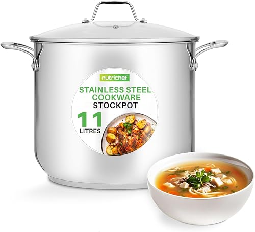 NutriChef Large Stainless Steel Stock Pot with Lid - Big Soup Pot, Heavy Cooking Pot with Glass Lid - Stew Pot, Cookware Induction Pot, Mirror Finish Stockpot, Deep Casserole Pot, 12-Qt/11.3 Litre