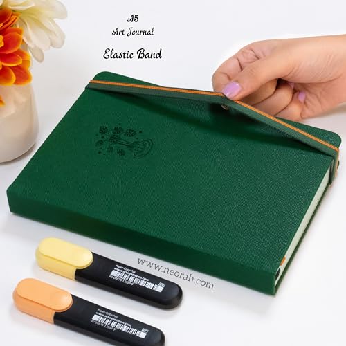 Image of NEORAH - A5 - ART JOURNAL | 200Gsm Dotgrid Notebook |160 Pages(21.0 x 14.8 cm) | Lay Flat |HardCover Bullet - Journal |3 Bookmarks |Elastic Closure| Inner BackPocket | Ideal-Bujo,Drawing (DARK GREEN)