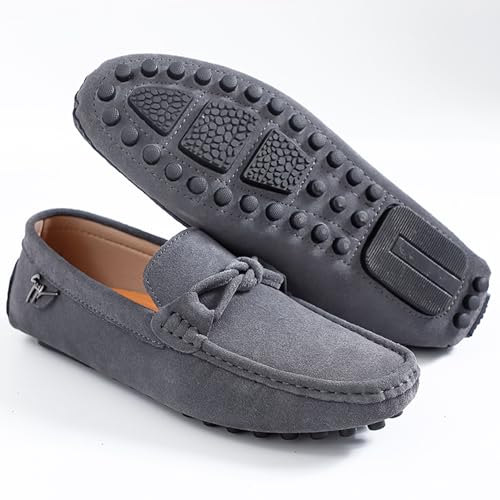 Men's Luxury Suede Driving Moccasins Leather Loafers with Bow Detail Black Rubber Sole Slip-on Comfort Walking Shoes2