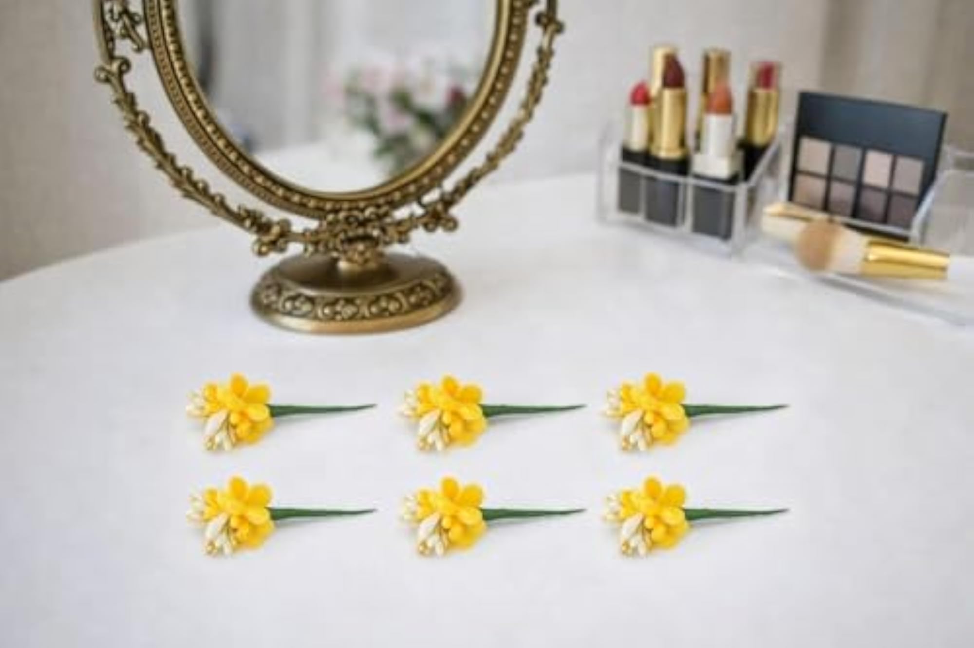 Yellow Flower Hair Pins with Green Stem