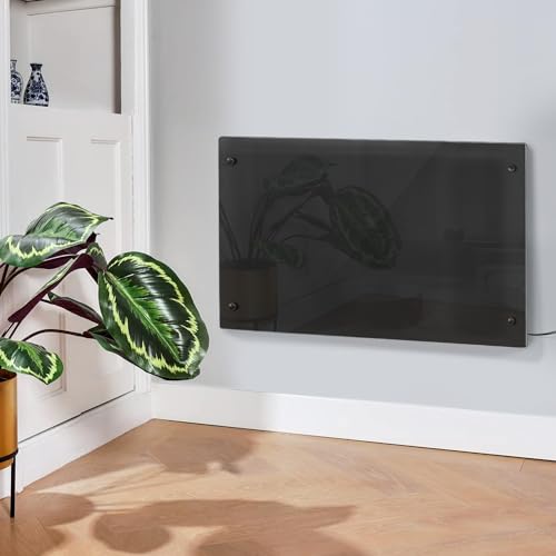 Electric Heater Glass Panel Radiator - Ultra Slim (11cm) - 1Kw-2Kw - Adjustable Thermostat - Wall Mountable or Free Standing - Wall Bracket Included (Black (2000W))