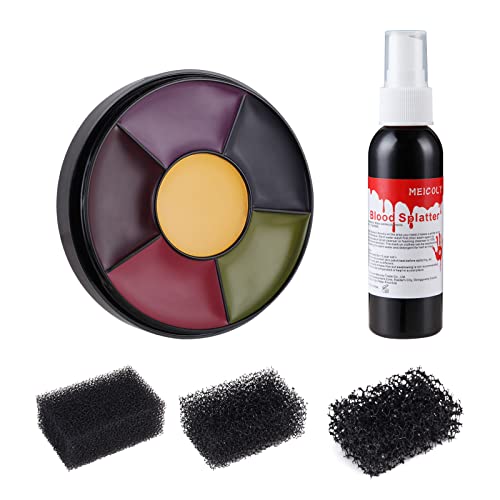 MEICOLY 6 Color Bruise Wheel for Special Effects 2.1oz Fake Blood Spray Blood Splatter Theatrical Halloween Liquid Blood for Clothes Face Body Paint with 3pcs Stipple Sponges