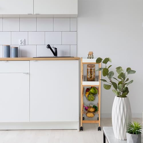 Relaxdays Nischenwagen, 4 Ablagen, schmales Nischenregal Bad & Küche, HBT 83 x 22 x 40 cm, Bambus, Rollregal, Natur/weiß