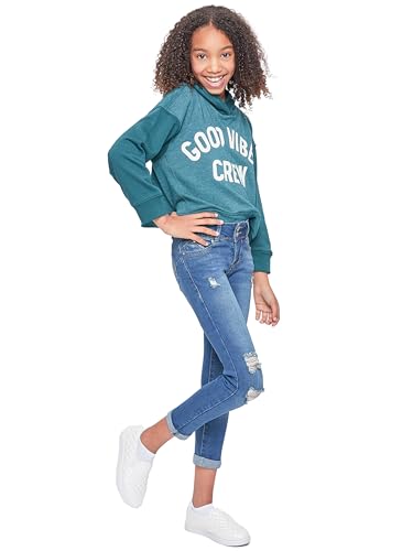 YMI Jeans Girls Sustainable WannaBettaFit 2-Button Double Cuffed Skinny Jeans, Tinted Blue Rips, 104