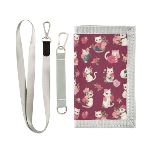 Wusikd Cute Cats Vintage Kids Wallet for Boys Girls Rose Flowers Toddler Trifold Wallet Novelty Wallet for Teens Women Men