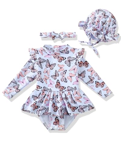 Image of Renotemy Infant Baby Girls Swimsuit Toddler Bathing Suit Long Sleeve Zipper One-Piece Rash Guard Ruffle Swimwear with Hat