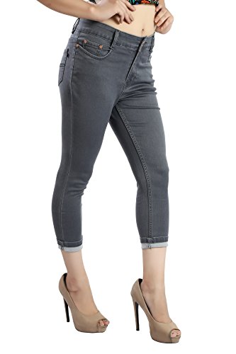 Image of FCK-3 Stretchable Denim Solid Mid Waist Knee Length Button Closure 5 Pocket Capree for Women