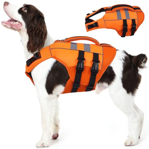 Kuoser Medium Dog Life Jacket, High Flotation Dog Life Vest for Swimming Boating, Reflective Dog Swimming Vest for Medium Dogs Pet Life Preserver with Rescue Handle, Orange M M (Chest Girth: