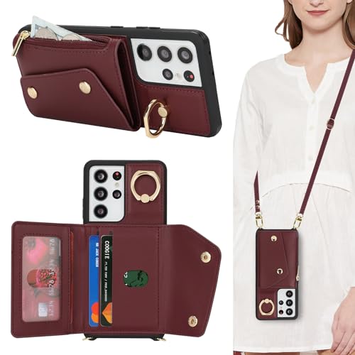 Lipvina for Samsung Galaxy S21 Ultra Case with Card Holder and Strap - Zipper Pocket,Crossbody Lanyard Strap,Credit Card Holder,Stand Ring,Cute Phone Wallet Case for Women(Wine Red,6.8 Inch)