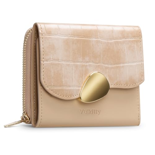 Portefeuille femme cuir RFID blocage Vulkitty beige avec grand porte-monnaie zippé compact