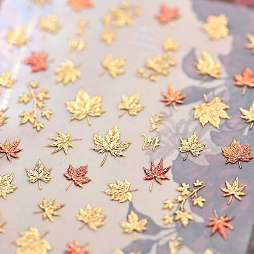 Image of Maple Leaf Nail Stickers Fall Nail Art Stickers Gold Nail Decals with Glitter Design 5D Self Adhesive Autumn Leaves Nails Charms Supply for Women Girls Thanksgiving Day Manicure DIY Decoration