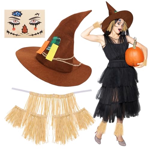 XEPST Disfraz de Espantapájaros de Halloween para Mujer   Juego de Accesorios de 7 PIEZAS con Sombrero de Espantapájaros, Kits de Rafia para Adultos, Cosplay de Halloween