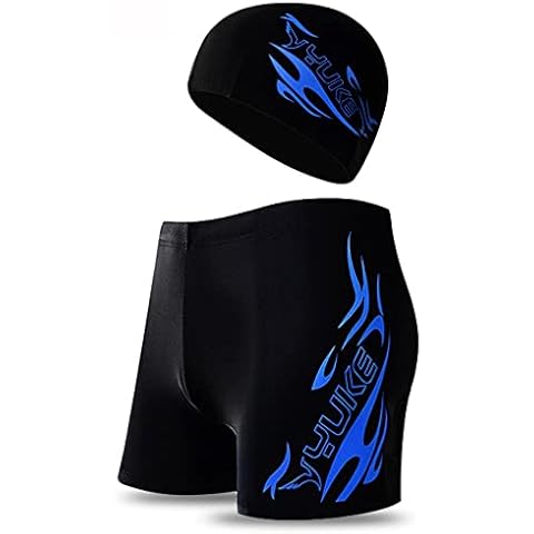 Men's Swimming Cap Swimming Trunks, Swimming Trunks Swimming Cap Set, Sport Boxer Swimwear Summer Beach Board Shorts Elastic Swimsuit for Beach Resort Pool Swimming Blue Cover