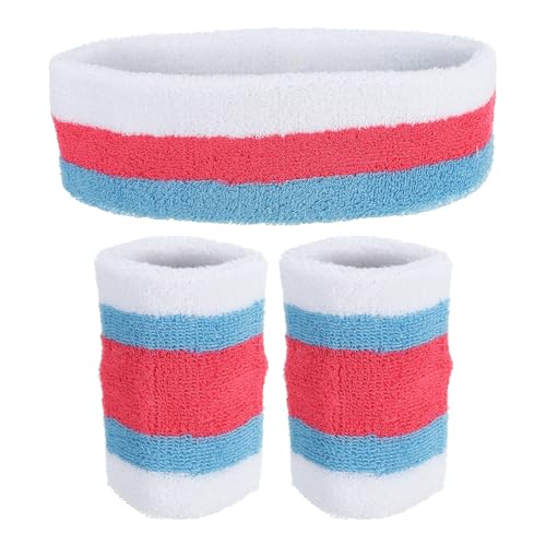 PATIKIL Sports Wristbands & Headband Set, Unisex, All Ages - Athletes & Exercisers - White, Blue, Red - 8x10cm Sweatbands & 20x5cm Headband for Tennis, Basketball, Running