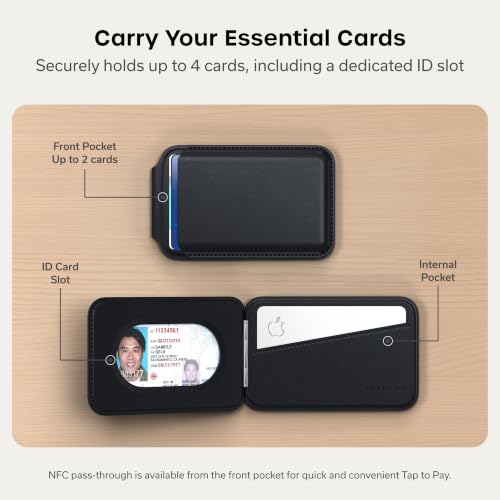 Image of Satechi Magnetic Magsafe Wallet and Double Flap Stand, iPhone Wallet with 4 Card Slots, Front Flap NFC Pass Through for iPhone 15, iPhone 14, iPhone 13, iPhone 12 - Vegan Leather, Black | Double-flap design, adjustable phone attachment, fits iPhone 12-17