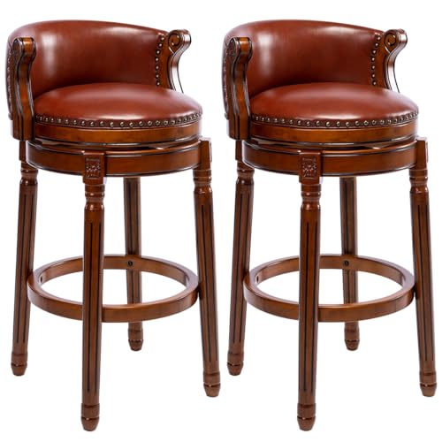 Image of Cow top Leather Wooden Bar Stools, 29.5 inch Bar Height Bar Chair with Back, 180 Degrees Swivel Barstools Chair for Home Kitchen Counter,Dining Room (Brown 2pcs, Bar Height-Seat Height 29.5 inch)