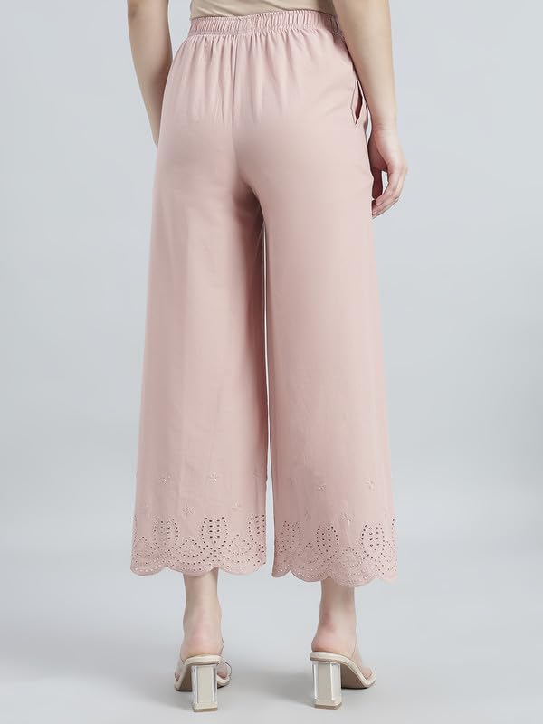 Image of GO COLORS Women's Cotton Hakoba Palazzo | Ankle Length, Schiffli Embroidery, Relaxed Fit, Mid-Rise with Side Pocket