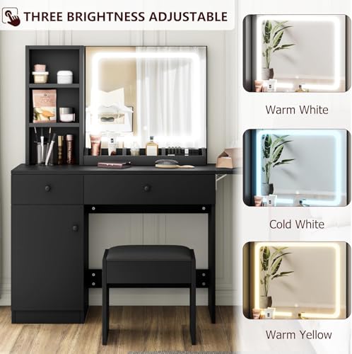 GAOMON Vanity Desk with Mirror and Lights, Makeup Vanity with 2 Drawers & 2 Shelves & One Door, 3 Lighting Modes Adjustable Brightness, Bedroom Dressing Table, Black
