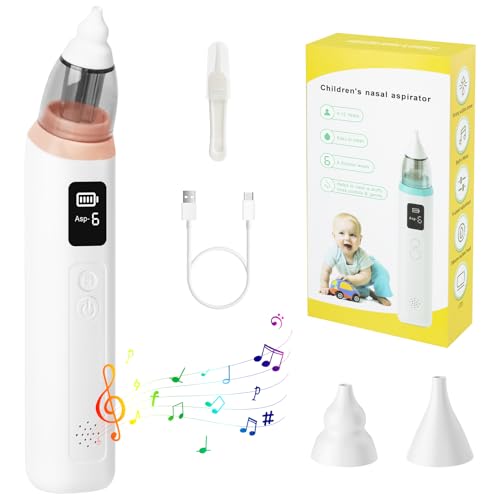Aspirador nasal bebe electrico, SOARFLY aspirador nasal bebe con 6 niveles de succión y 2 puntas de silicona suave, sacamocos bebe con pantalla LCD y función musical (Rosa, L)