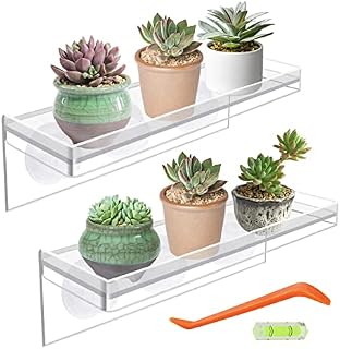 DSVENROLY 2 Pack Suction Cup Shelf for Plants Window, Clear Acrylic Ledge Suction Cup Window Shelf with Powerful Suction, Transparent Indoor Window Plant Shelves for Succulent Planters Herb Pots