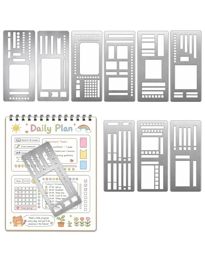 FAMULP 9 PCS Metal Calendar Stencils for Planners Reusable Stainless Steel Journal Stencil Templates for Weekly Spread Checklist Drawing DIY Crafts Supplies 5.2 X 2.3