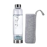 AMOYSTONE Crystal Infused Energy Water Bottles Aquamarine Crystal Crushed Stones with Removable Crystal Protective Sleeve 450ml