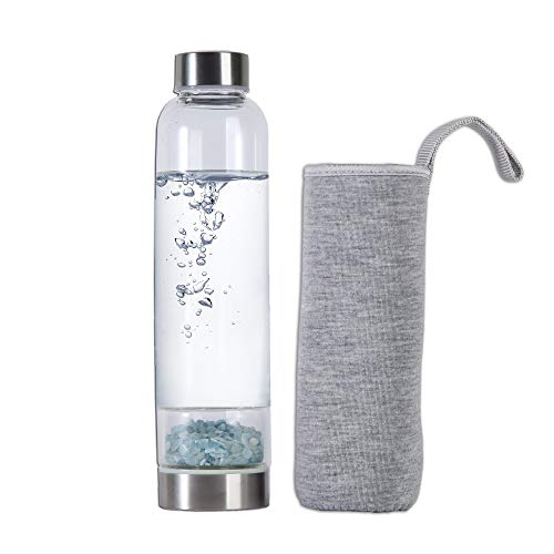 AMOYSTONE Aquamarine Crystal Crushed Stones Water Bottle Infuser Energy with Removable Crystal Protective Sleeve 450ml