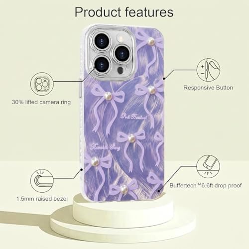 Image of VONZEE Compatible with iPhone 15 Pro Max 6.7'' Case Luxury Pink Girly Cute 3D Bow Pearl Glitter Bling Case with Full Camera Protection Shockproof PC+TPU Glossy Shiny Cover for Girls Women, Purple