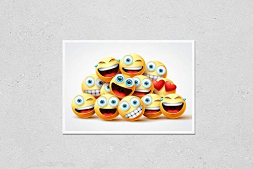 KwikMedia Poster Reproduction of Emoji Faces Group Design. Emojis Yellow Circle face Group with Cute, Laughing, Funny, Surprise and Happy Emotions in White Background. Illustration