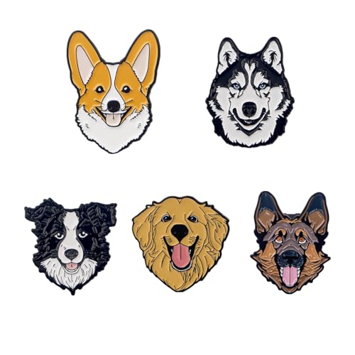 Dog Breed Enamel Pins Set, 5 Designs - Corgi, Husky, Border Collie, Golden Retriever, German Shepherd