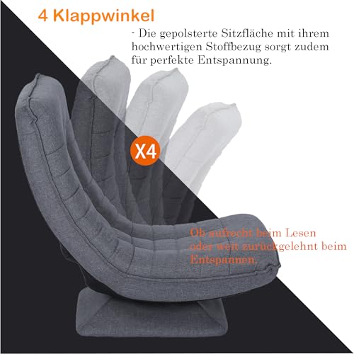 Hoclauho Relaxsessel Bequemer Bodensessel mit 4 Fach Verstellbarer Rückenlehne, 360° Drehfunktion Klappmechanismus, 13 cm Polster, 150 kg belastbar fürs Wohnzimmer Schlafzimmer (Grau) – Bild 6