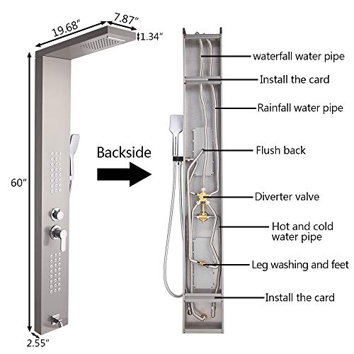 Homgrace Shower Panel Tower System,60\'\' Stainless Steel Rainfall Multi-Function Column Wall Mount Shower Fixtures, Waterfall, Rainfall, Hand Shower, Body Jets Massage, Bathtub Spout,Silver
