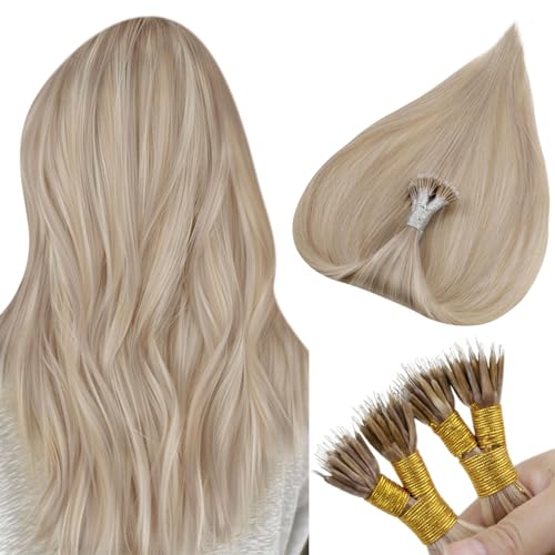 Hair Extensions Nano Human Hair,Hetto Blonde Nano Beads Hair Extensions Real Human Hair Highlight Blonde Hair Nano Ring Hair Extensions Straight Silky #18/613 50g 50s 14 Inch