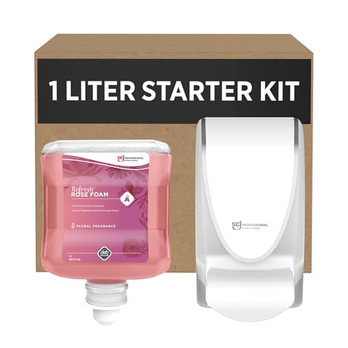 Image of SC Johnson Professional Rose FOAM Dispenser and Refill Starter Kit, Wall Mount Soap Dispenser for Hand Soap, 1 Refresh Rose FOAM Hand Wash, 1 Liter Cartridge, 33.8 fl. oz., for Professional Use Only