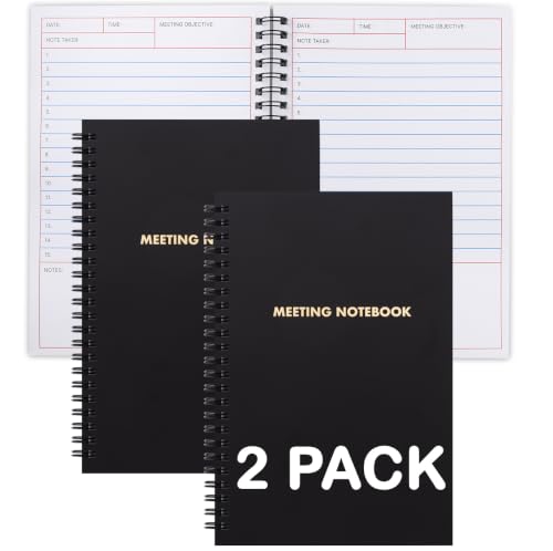 2 Pack Meeting Notebook for Work, Spiral Bound Business Notebooks with Meeting Notes Template - Black Hardcover with Gold Foil - 6.25 x 8.5 in - 50 Sheets - Office Note Taking Journal