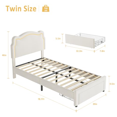 Image of GarveeHome Twin Upholstered Smart LED Bed Frame with Headboard, Velvet Princess Platform Bed Frame for Kids, Wooden Slats Support, No Box Spring Needed (Beige)