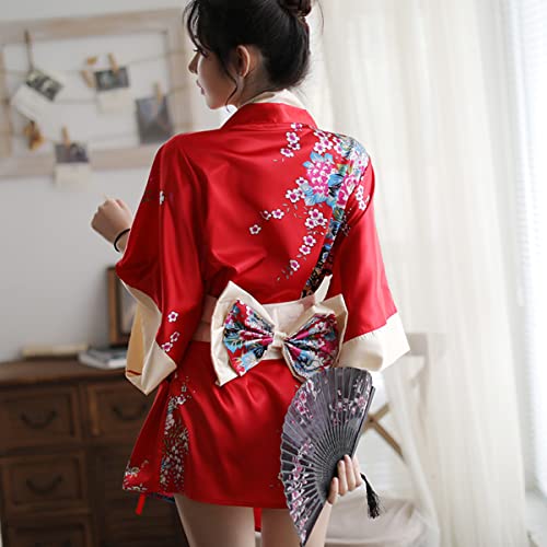 SIQITECHNO Womens Floral Kimono Bathrobe Mini Dress Nightgown Nightwear Japanese Short Yukata Sleepwear Outfit Belt Lingerie4