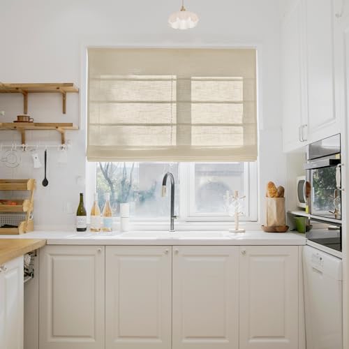 Image of TWOPAGES Liz No Drill Cordless Roman Shades Linen Textured Roman Blinds for Windows, Custom Made Room Darkening Blackout Roman Window Shades, Hardware Included, Light Khaki, 1 Piece