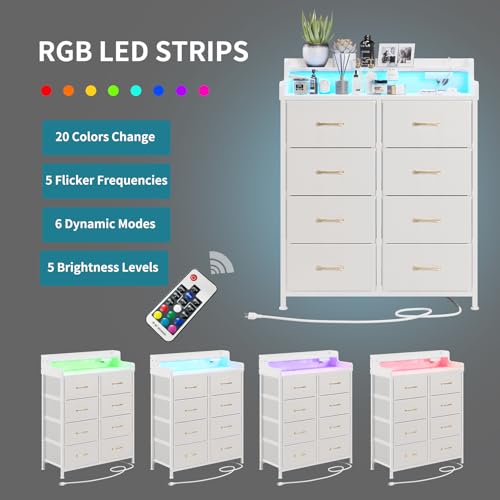LUMTOK-8-Drawers-Dresser-with-Power-Outlets-Built-in-Power-Strips-LED-Strips-Fabric-Dressers-Drawers-for-Bedroom-Hallway-Nursery-Steel-Frame-Wood-Top-Easy-Pull-Handle-White LUMTOK 8 Drawers Dresser with Power Outlets Built in Power Strips LED Strips Fabric Dressers Drawers for Bedroom Hallway Nursery Steel Frame Wood Top Easy Pull Handle White