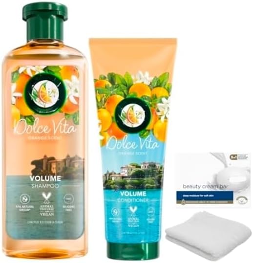 Orange Scent Volume Boost Shampoo 350ml & Conditioner 250ml with Moisturizing Beauty Bar and Soft White Washcloth - Volumizing Hair and Skincare Set for Women