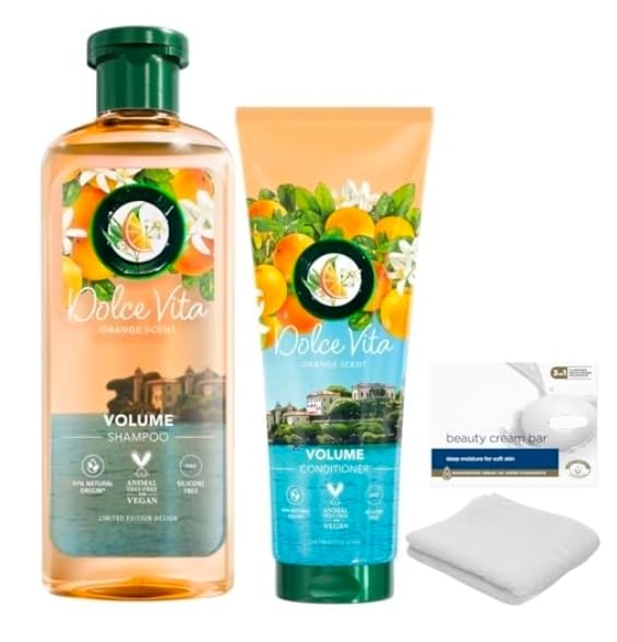 Orange Scent Volume Boost Shampoo 350ml & Conditioner 250ml with Moisturizing Beauty Bar and Soft White Washcloth - Volumizing Hair and Skincare Set for Women