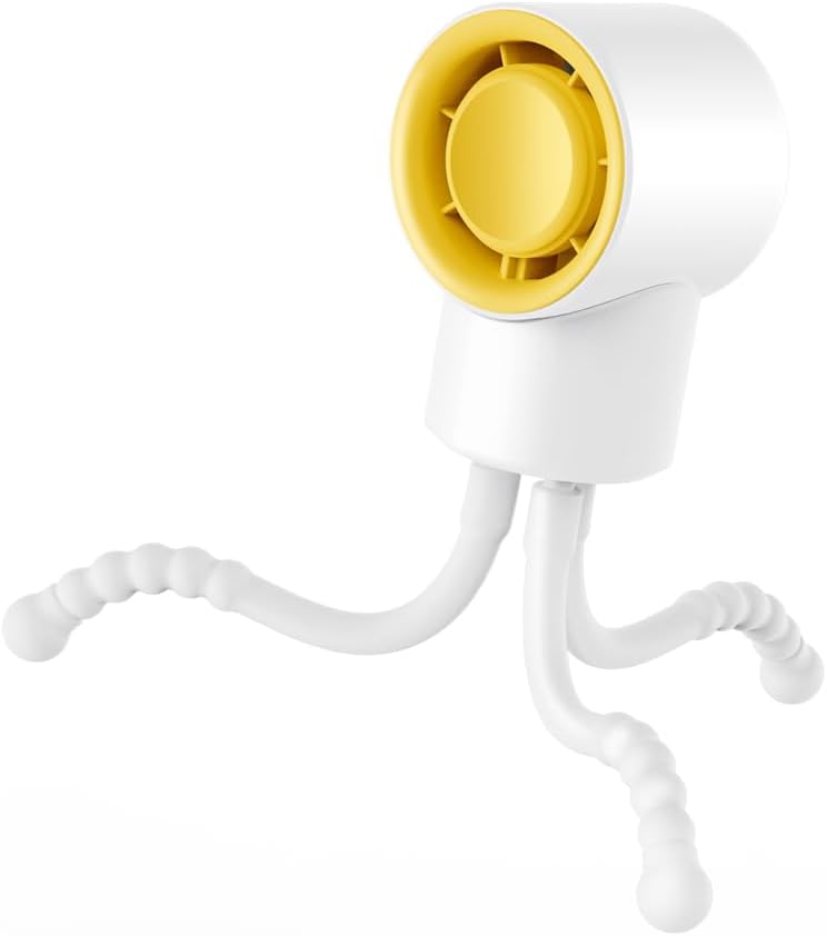 Stroller Fan, 1200mAh Battery Operated Flexible Tripod USB Charging Clip On Fan, 3 Speeds for Crib Bike Baby Cart, White